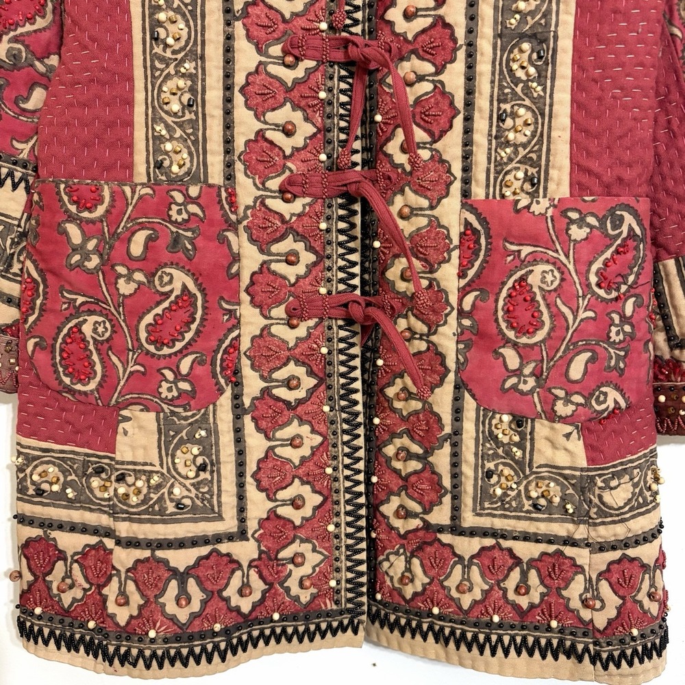Happy Bird Samarkand Quilted Boho Jacket Uzbek Art To Wear Beaded Tassel Coat S - Picture 7 of 13